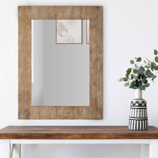 39 Inch Chevron Pattern Wood Frame Wall Mirror - Natural Brown Finish - The Island Interiors