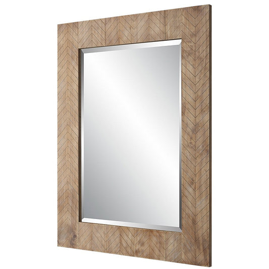 39 Inch Chevron Pattern Wood Frame Wall Mirror - Natural Brown Finish - The Island Interiors