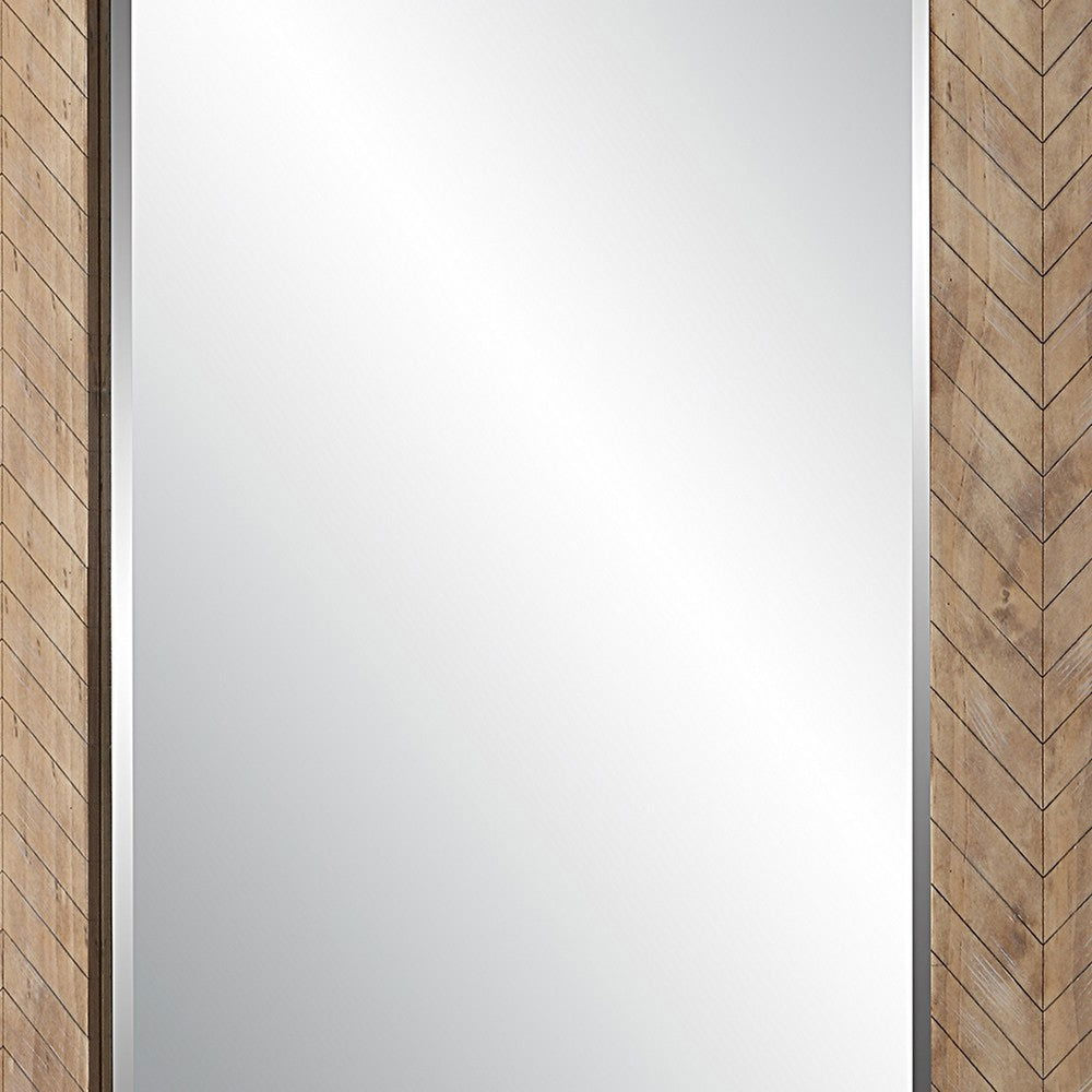 39 Inch Chevron Pattern Wood Frame Wall Mirror - Natural Brown Finish - The Island Interiors