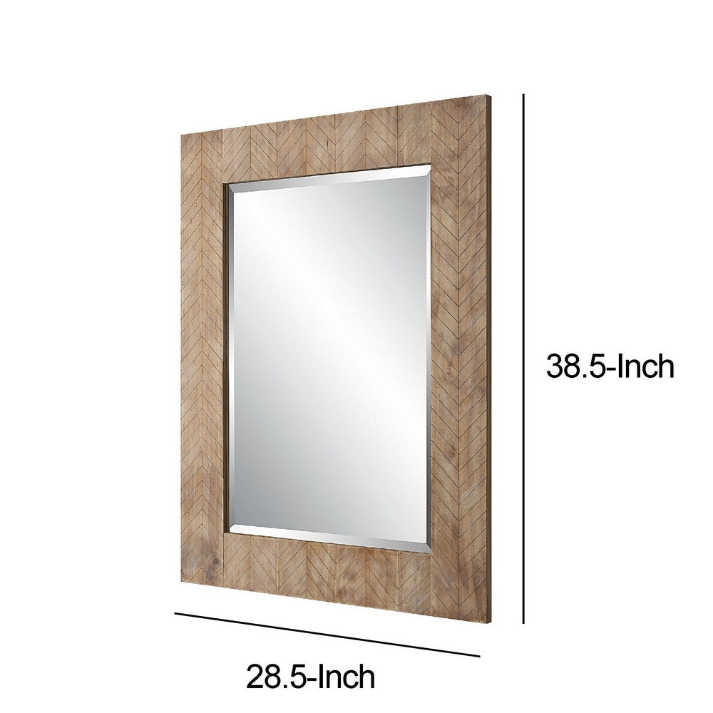 39 Inch Chevron Pattern Wood Frame Wall Mirror - Natural Brown Finish - The Island Interiors