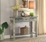 Antique Oak & Teal Blue Distressed Console Table - The Island Interiors