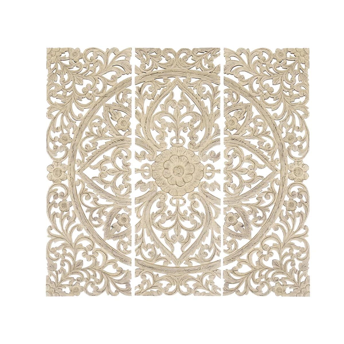 Antique White Hand-Carved Floral Wall Plaque Set of Three - The Island Interiors