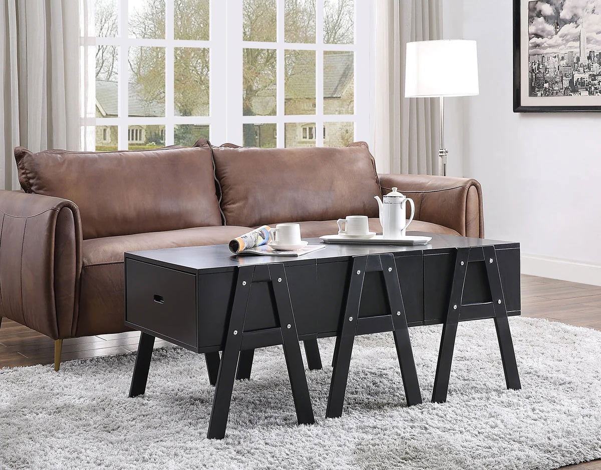 Black Convertible Coffee Table with Three Drawers and Angled Legs - The Island Interiors