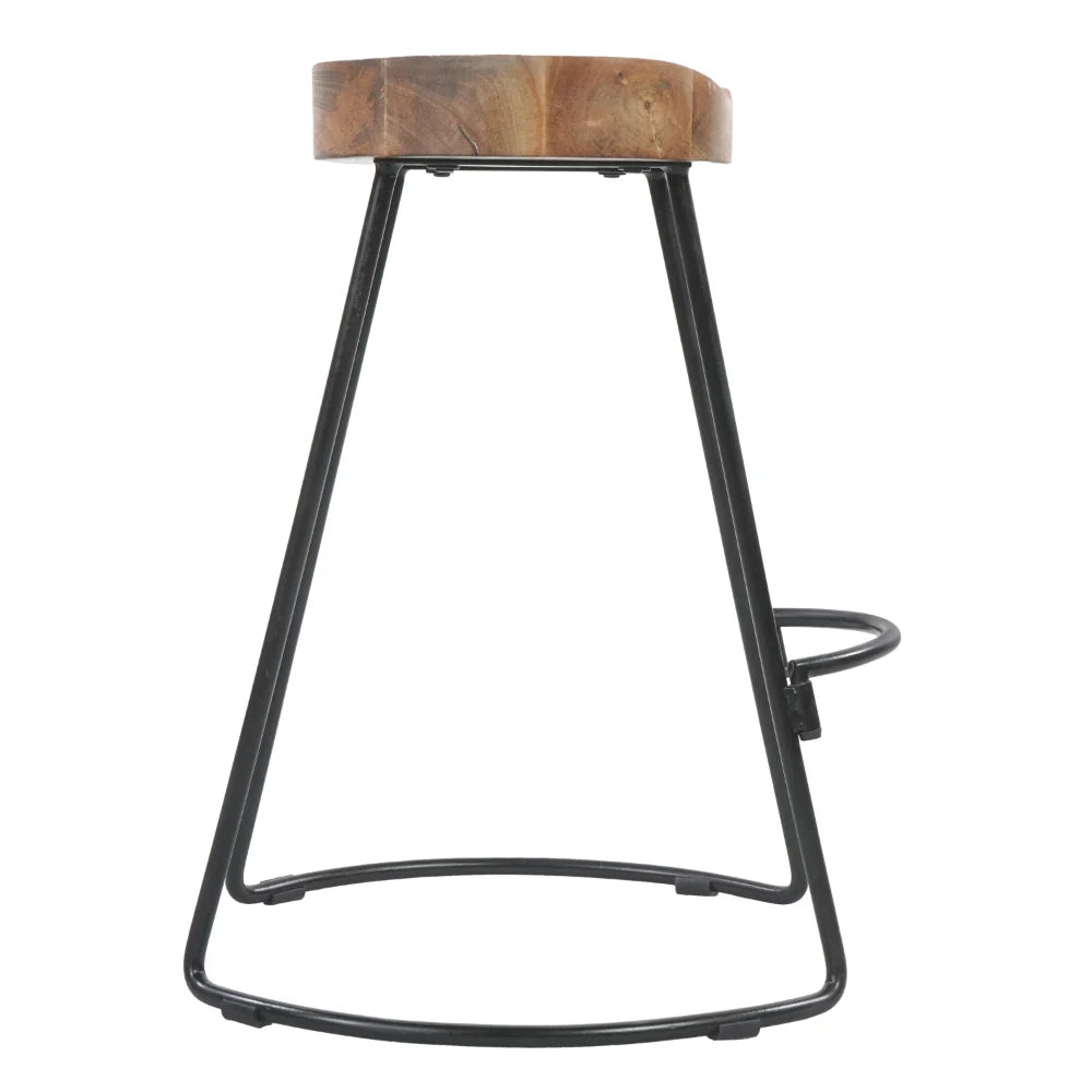 Industrial Counter Height Stool with Mango Wood Saddle Seat and Iron Frame, Brown and Black